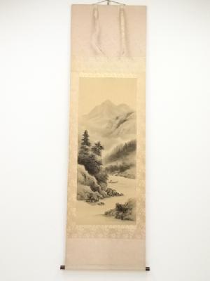 緑樹筆　水墨山水　肉筆絹本掛軸